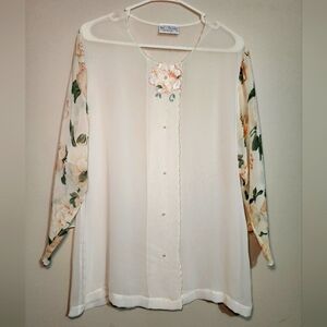 Val Mode Floral Sheer‎ Blouse Button Down Long Sleeve Top  Size Large